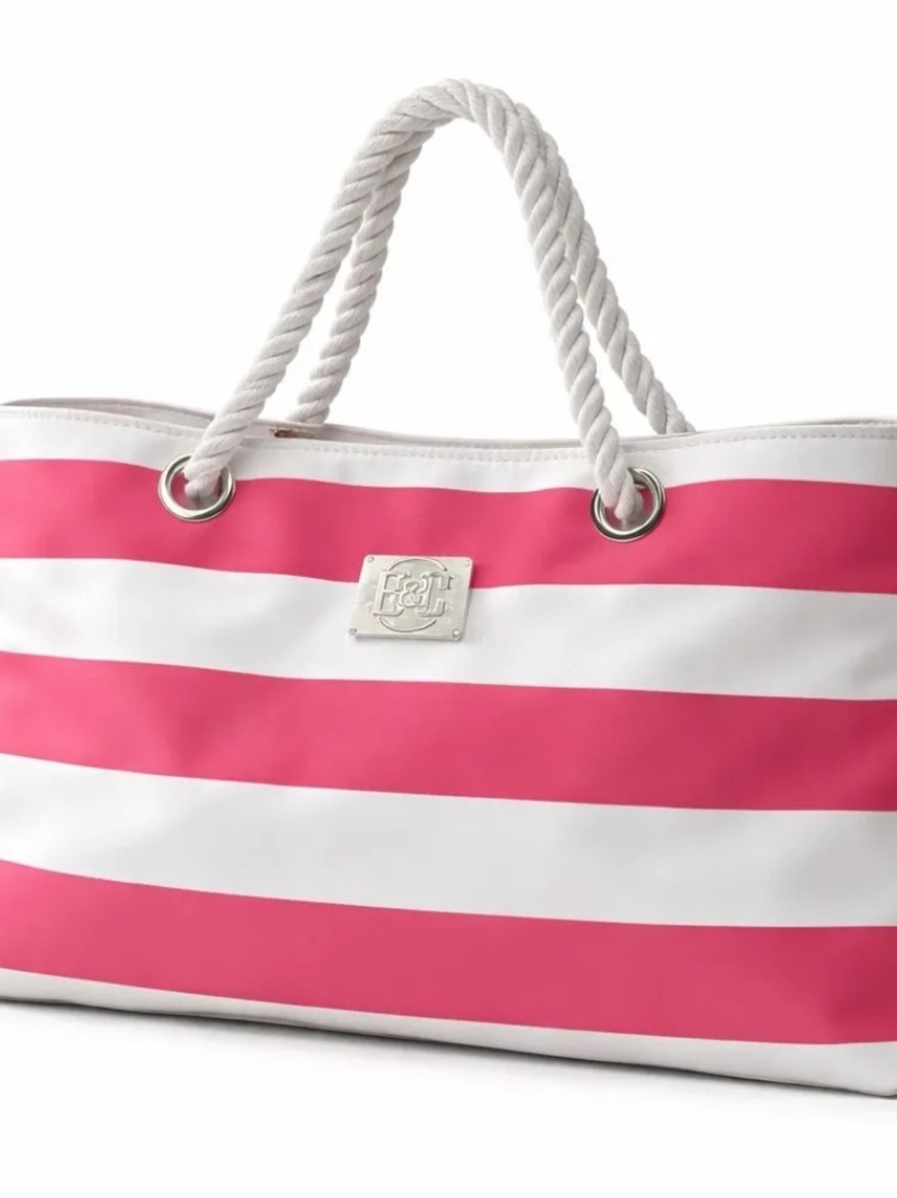 Striped Pink & White Rope-Handle Tote with Logo Plaque